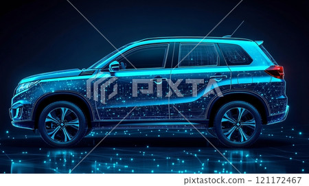 Futuristic design of a car highlighting the frame of a modern vehicle with advanced technology 121172467