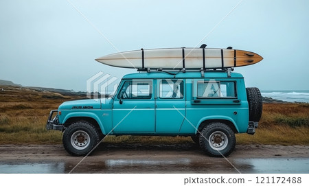 Vintage SUV with surfboard ready for adventure at the beach on a cloudy day 121172488