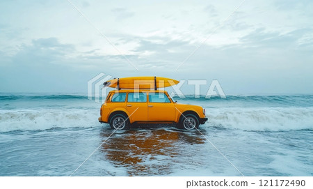 A bright yellow car with a kayak on top parked on the beach near gentle ocean waves on a cloudy day 121172490