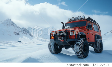A powerful off-road vehicle speeds across a pristine white landscape 121172505
