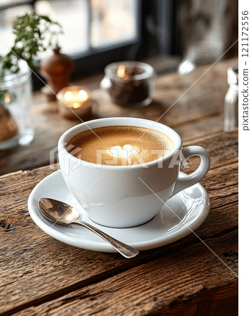 A steaming cup of black coffee with a spoon rests on a wooden table in a cozy cafe 121172556