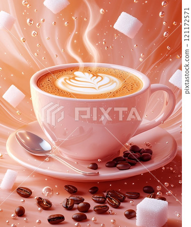 Whimsical steaming cup of coffee with sugar cubes and coffee beans on a soft pastel background Whimsical steaming cup of coffee with sugar cubes and coffee beans on a soft pastel background 121172571
