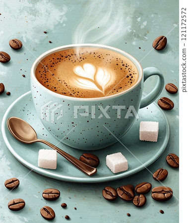 Whimsical artwork of a steaming cup of coffee with sugar cubes and coffee beans on a teal table 121172572