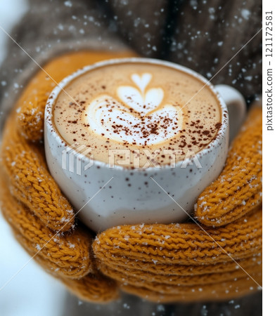 Cozy winter hands holding a warm cup of coffee topped with heart-shaped latte art Cozy winter hands holding a warm cup of coffee topped with heart-shaped latte art 121172581