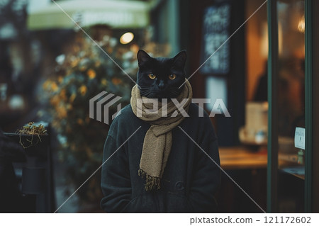Tall anthropomorphic catman in a scarf stands outside a cozy cafe in the evening 121172602