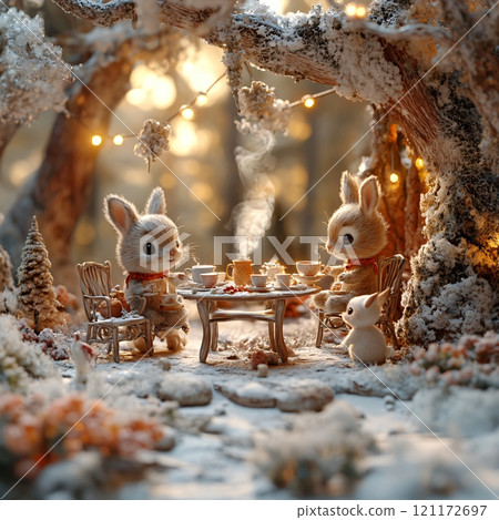 Cute animals enjoying a whimsical winter tea party in a snowy forest with warm lights glowing Cute animals enjoying a whimsical winter tea party in a snowy forest with warm lights glowing 121172697