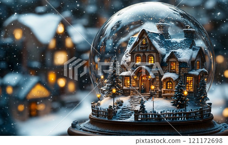 Whimsical winter snow globe depicting a cozy cottage surrounded by gentle snowfall 121172698