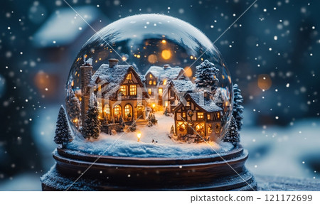 Whimsical winter snow globe featuring cozy houses and falling snowflakes in a magical setting 121172699