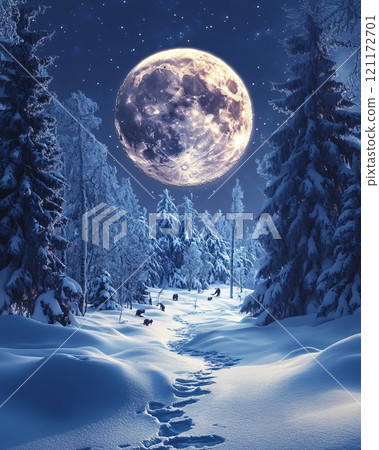 Discovering the magic of winter in an enchanted forest illuminated by a glowing full moon 121172701