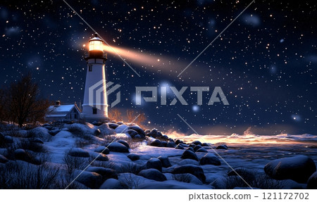 Isolated winter lighthouse standing bright against snow-filled night sky on rocky coast 121172702