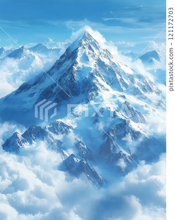 Winter landscape with mountain peaks glowing softly under the clear blue sky 121172703