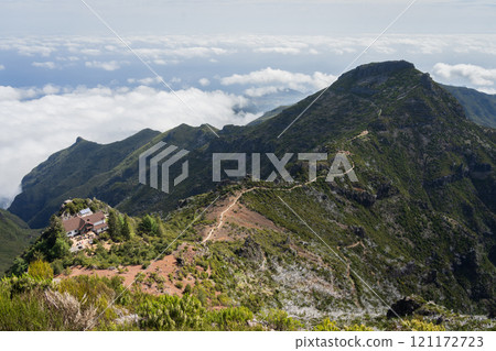Mountainous landscape with summit trail and hut on the foot of the mountain, Madeira, Portugal Mountainous landscape with summit trail and hut on the foot of the mountain, Madeira, Portugal 121172723