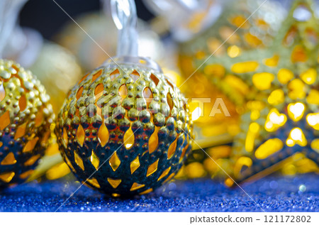 Close up of Golden Christmas ball with customizable space for text. Holiday season 121172802