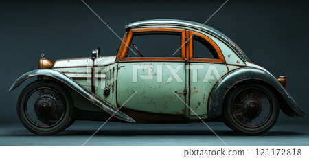 Vintage car showcasing unique design and detailed textures in a dimly lit studio setting Vintage car showcasing unique design and detailed textures in a dimly lit studio setting 121172818