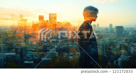 Silhouette of a business professional against a vibrant city skyline at sunset 121172833
