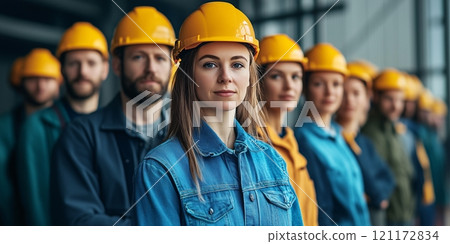 Energy company employees in hard hats prepare for an important project in a modern facility 121172834