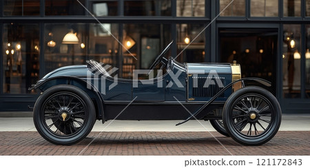 Classic vintage car parked in a modern urban setting showcasing timeless design and elegance 121172843
