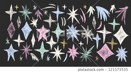 Sparkles stars doodle set. Crayon blings pack on chalkboard. Comets and blinking on night sky by chalk. Vector handdrawn by pencil illustration isolated on black background. Sparkles stars doodle set. Crayon blings pack on chalkboard. Comets and blinking on night sky by chalk. Vector handdrawn by pencil illustration isolated on black background. 121173535