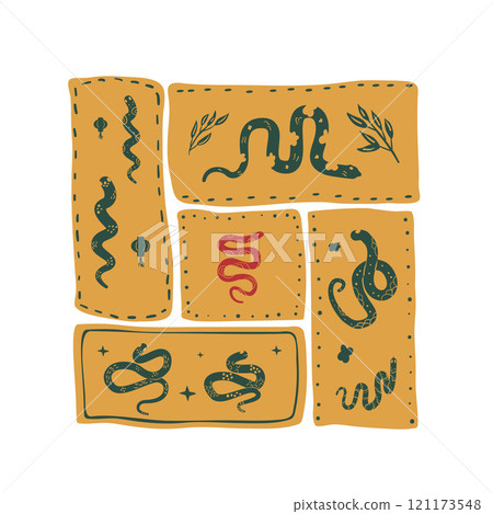 Green snake Chinese New Years bento grid square emblem symbol. Cny zodiac snake lunar 2025 modular poster isolated on white background. Vector hand drawn flat illustration 121173548