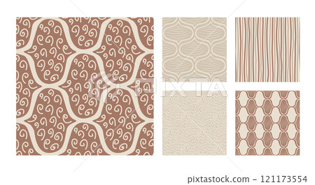 Brown monochrome ogee seamless patterns collection. Damask geometric print beige and mocha mouse endless backgrounds set . Minimal modern nude continuous ornament. Vector hand drawn illustration. 121173554