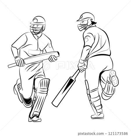 Playing cricket batsman running on the pitch 121173586