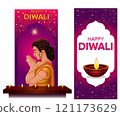 Diwali festival poster, stories, banner and Happy Diwali social media story temlpate set. 121173629