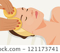 Spa beauty treatment concept, Close up of masseuse cleaning woman face with cotton swabs at spa, Beautiful woman with eyes closed and white clay facial mask on face 121173741