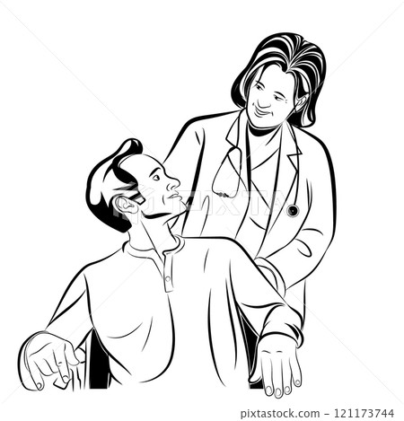 Woman doctor talking with patient on wheelchair. 121173744