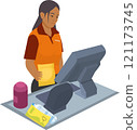 Woman at billing counter, supermarket checkout counter concept illustration 121173745
