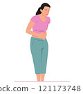 Woman suffer from stomach ache. standing feeling pain in stomach touching it with hands 121173748