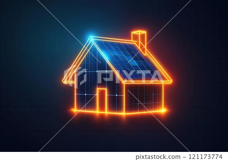 Glowing house icon showing solar panels installation generating green energy 121173774