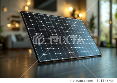 Modern double sided transparent solar panel leaning on wooden table in home interior 121173790