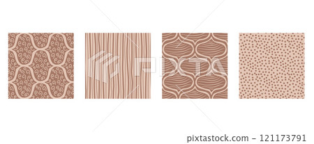 Brown monochrome ogee seamless patterns collection. Damask, stripes and polka dots geometric print beige and mocha mouse endless backgrounds set . Abstract chocolate repeat cover. Vector illustration. 121173791