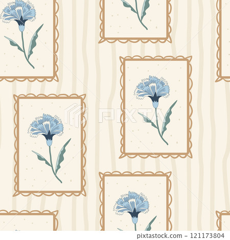 Indian chintz seamless pattern. Modern flower in vintage retro frame endless background. Floral repeat cover. Farmhouse continuous ornament with wildflower motif. Vector hand drawn illustration. 121173804