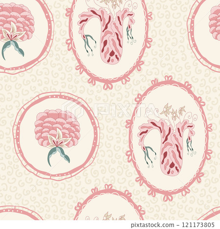 Indian chintz modern style seamless pattern. peony and tulip flower in retro frame endless background. Floral repeat cover. Farmhouse peony continuous ornament. Vector hand drawn illustration. Indian chintz modern style seamless pattern. peony and tulip flower in retro frame endless background. Floral repeat cover. Farmhouse peony continuous ornament. Vector hand drawn illustration. 121173805