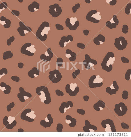 Leopard monochrome seamless pattern. Animal print mocha mouse endless background. Cheetah or panther skin texture repeat cover. Surface pattern design camouflage motif. Vector hand drawn illustration. 121173811