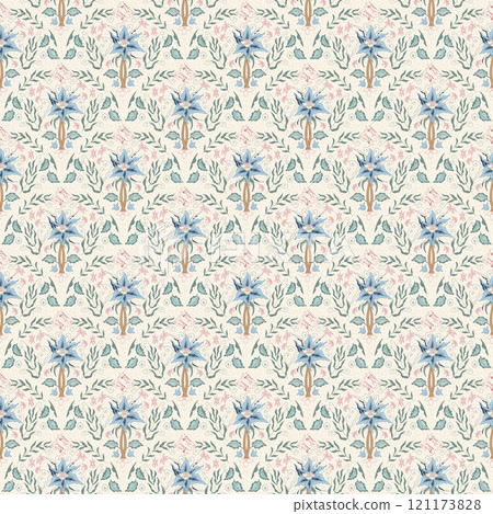 Indian chintz seamless pattern. Modern flower scallop endless background. Vector floral retro repeat cover. Farmhouse continuous ornament. Vector 121173828