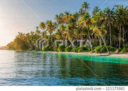 Paradise beach with palm trees and sunrise sunshine on tropical island in Indonesia. Travel vacation concept. 121173981