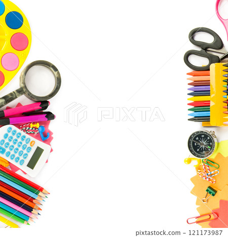 School items and accessories isolated on white. Free space for text. Collage. School items and accessories isolated on white. Free space for text. Collage. 121173987