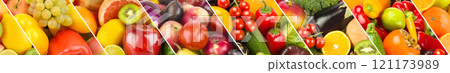 Panoramic collection fruits and vegetables background. Wide photo . Panoramic collection fruits and vegetables background. Wide photo . 121173989