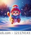 A cat in a hat runs through the snow 121174143