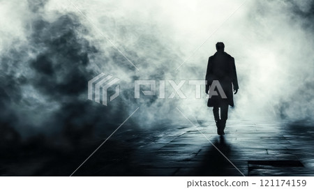 Mysterious man walking on foggy street at night 121174159