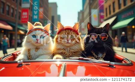group of rich, important, fluffy cats in knitted hat and sunglasses in chains and jewelry, driving in an open car, in a convertible driving, driving along the city street group of rich, important, fluffy cats in knitted hat and sunglasses in chains and jewelry, driving in an open car, in a convertible driving, driving along the city street 121174172