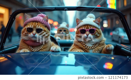 group of rich, important, fluffy cats in knitted hat and sunglasses in chains and jewelry, driving in an open car, in a convertible driving, driving along the city street 121174173