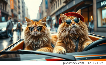 group of rich, important, fluffy cats in knitted hat and sunglasses in chains and jewelry, driving in an open car, in a convertible driving, driving along the city street group of rich, important, fluffy cats in knitted hat and sunglasses in chains and jewelry, driving in an open car, in a convertible driving, driving along the city street 121174174