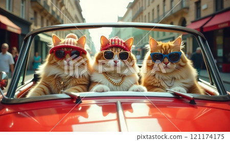 group of rich, important, fluffy cats in knitted hat and sunglasses in chains and jewelry, driving in an open car, in a convertible driving, driving along the city street group of rich, important, fluffy cats in knitted hat and sunglasses in chains and jewelry, driving in an open car, in a convertible driving, driving along the city street 121174175