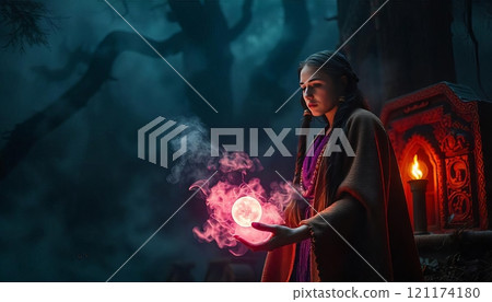 A Mystical Sorceress Engaging in Casting Powerful Spells in an Enchanted Forest A Mystical Sorceress Engaging in Casting Powerful Spells in an Enchanted Forest 121174180