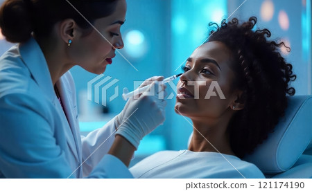 Cosmetologist making beauty injection to young woman, holding hand with syringe near eyes area Cosmetologist making beauty injection to young woman, holding hand with syringe near eyes area 121174190