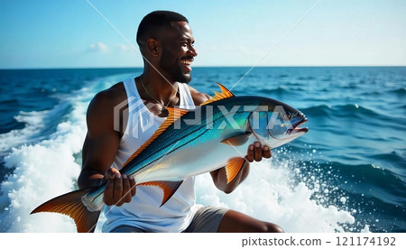 Sport fishing for deep sea on a yacht in the ocean. A contented male angler clutching a larger, grenadier fish Sport fishing for deep sea on a yacht in the ocean. A contented male angler clutching a larger, grenadier fish 121174192