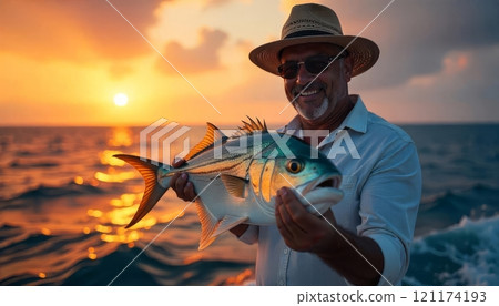 Sport fishing for deep sea on a yacht in the ocean. A contented male angler clutching a larger, grenadier fish Sport fishing for deep sea on a yacht in the ocean. A contented male angler clutching a larger, grenadier fish 121174193